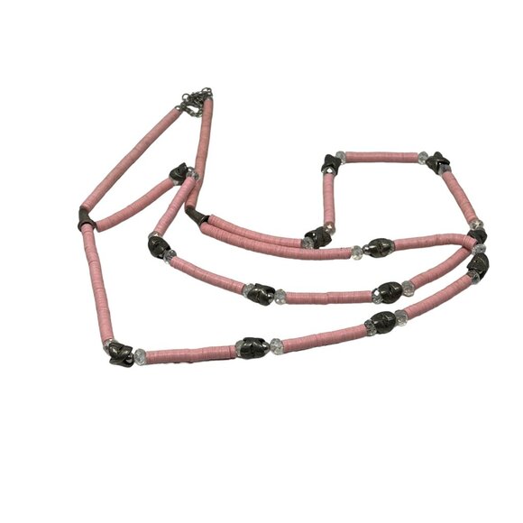 Double Strand Necklace Pink Flat Beads Crystal and Silver Stations - Picture 5 of 6